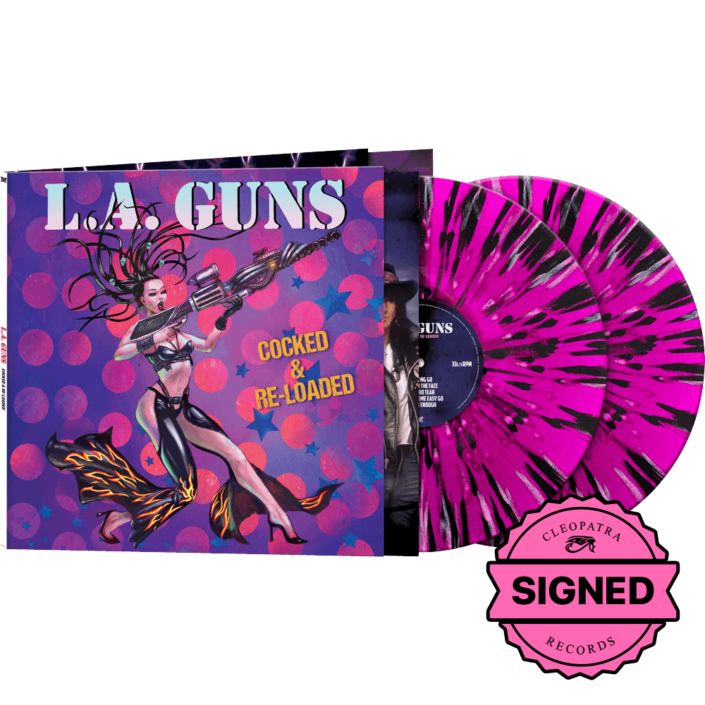 L.A. Guns - Cocked & Re-Loaded (Purple/Black/White Splatter Vinyl - Signed by Phil Lewis and Tracii Guns)