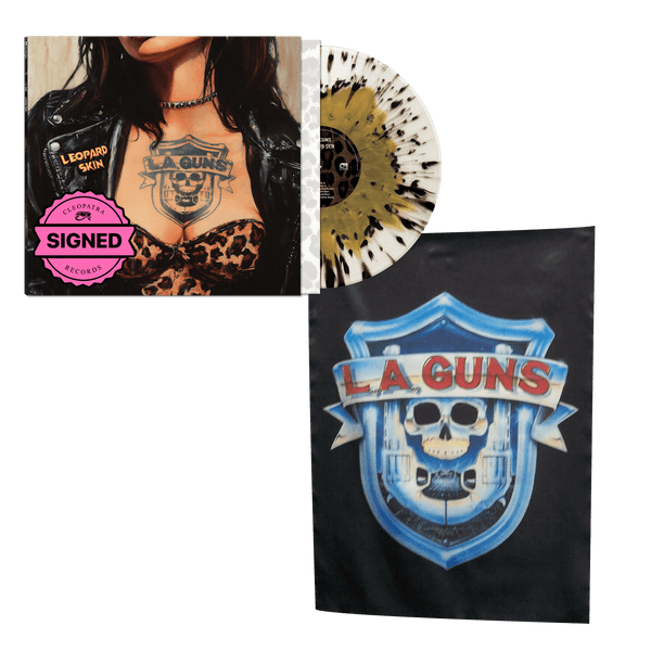 L.A. Guns - Leopard Skin (Gold/White/Black Splatter Vinyl LP - Signed by Tracii Guns + Official Silk Wall Tapestry Bundle) - Cleopatra Records